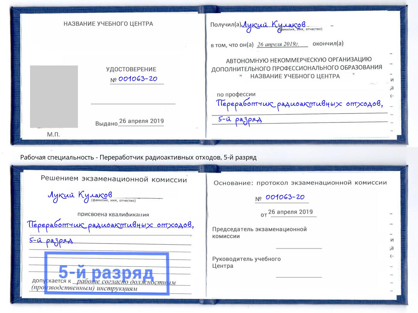 корочка 5-й разряд Переработчик радиоактивных отходов Балашиха