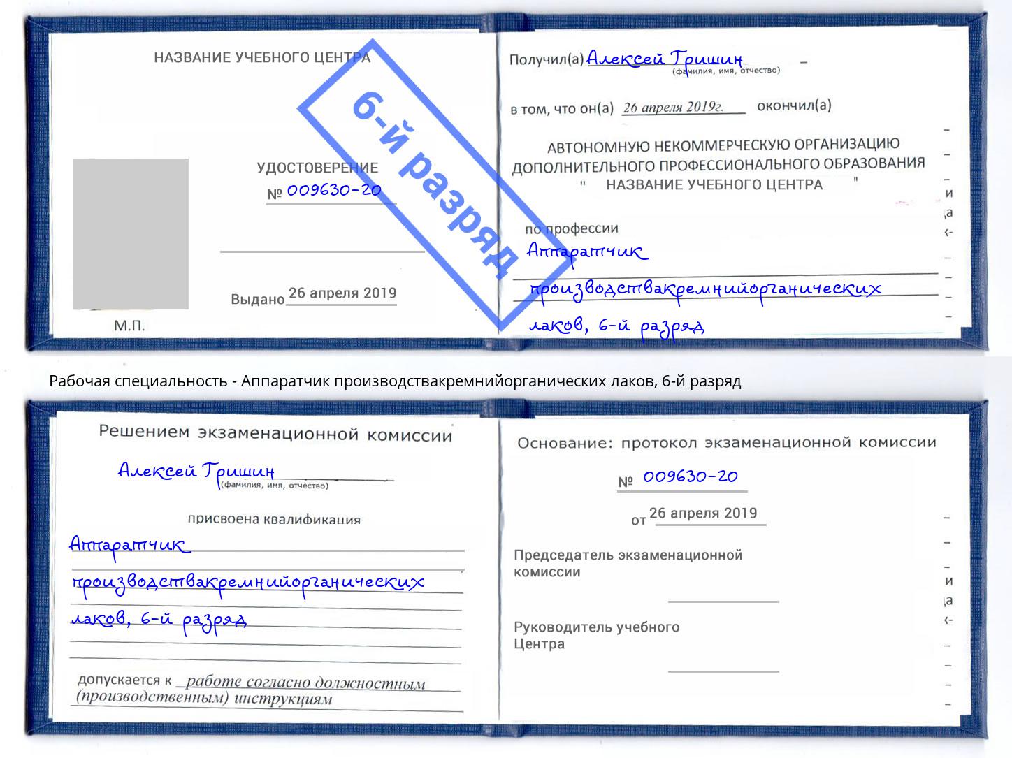 корочка 6-й разряд Аппаратчик производствакремнийорганических лаков Балашиха