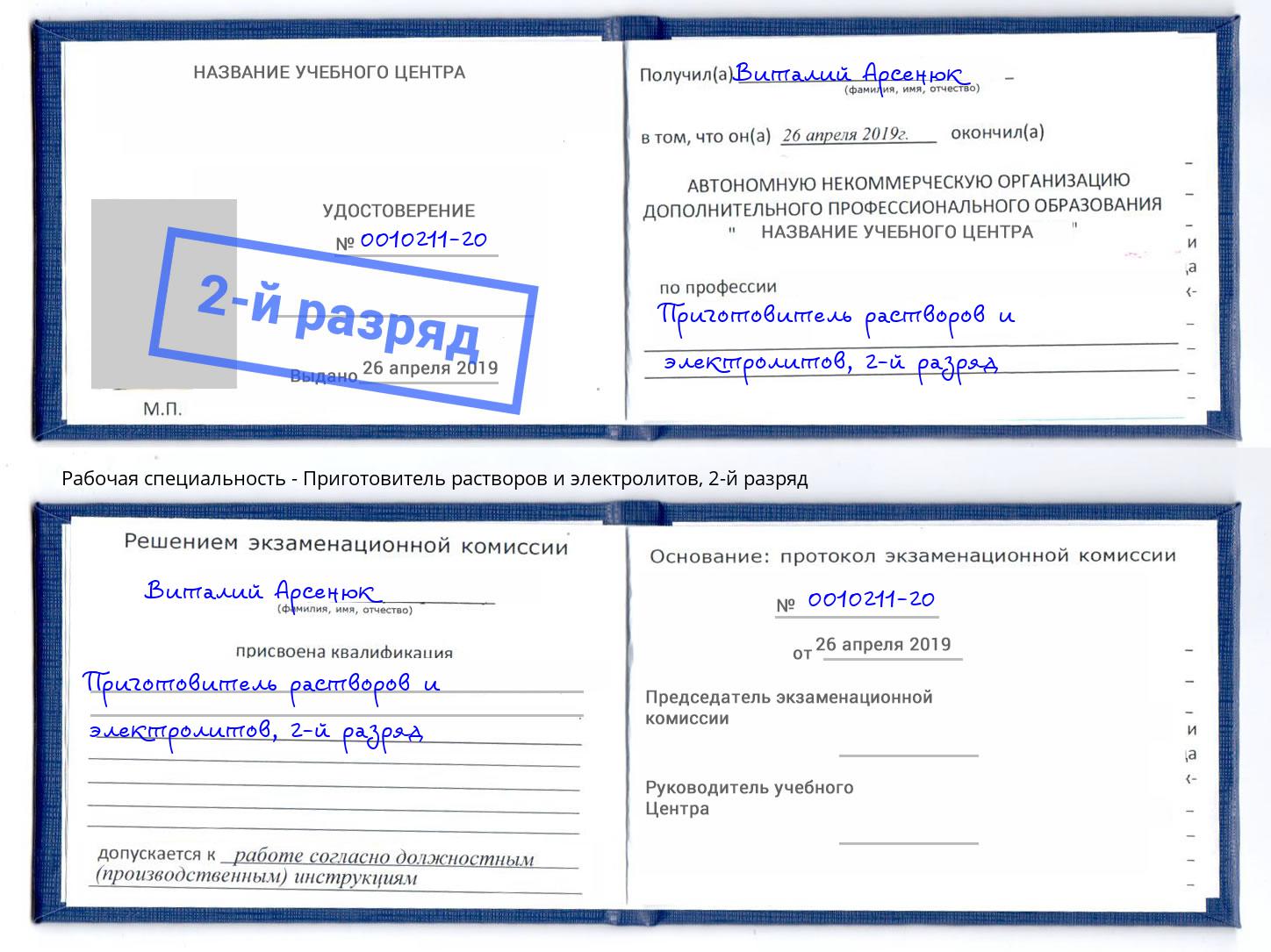 корочка 2-й разряд Приготовитель растворов и электролитов Балашиха