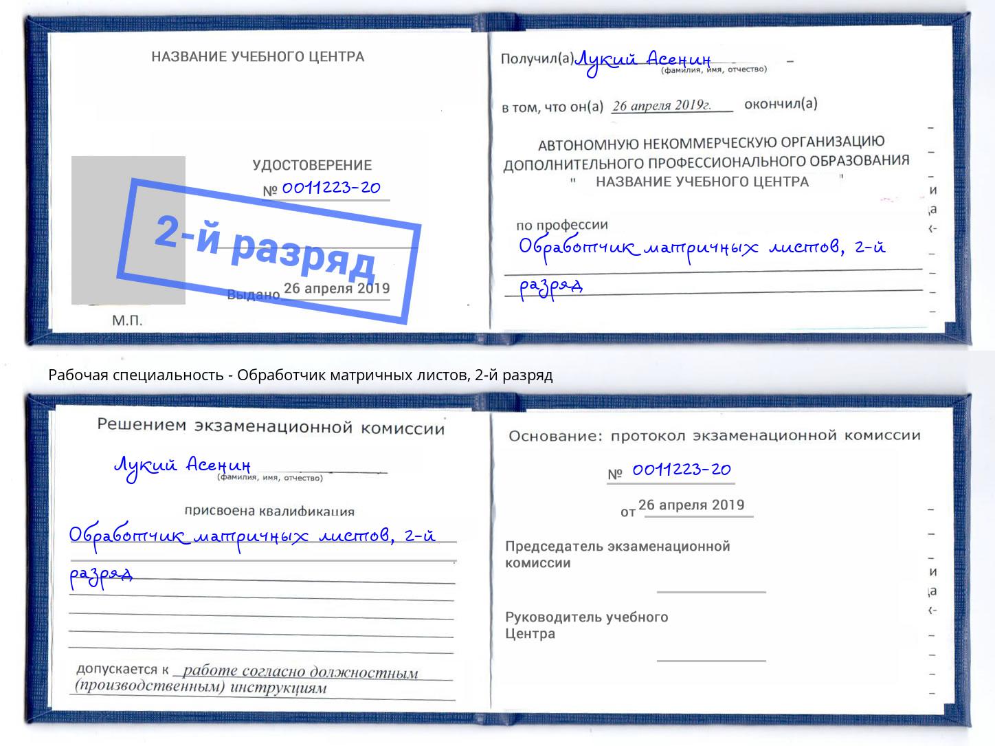 корочка 2-й разряд Обработчик матричных листов Балашиха