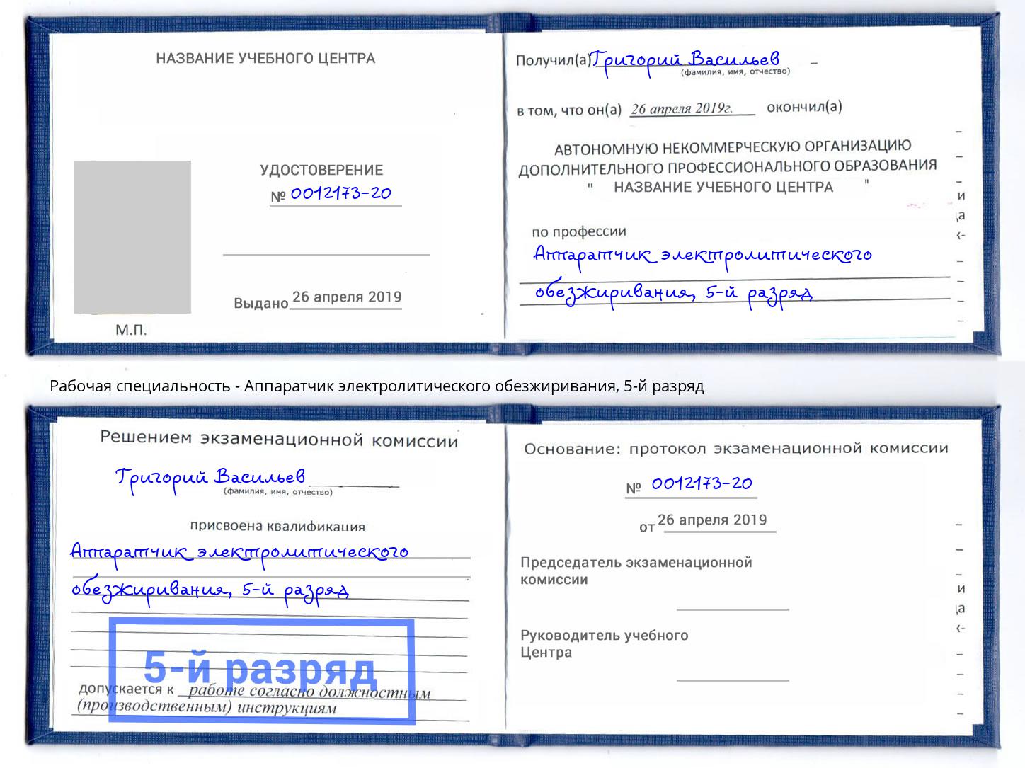 корочка 5-й разряд Аппаратчик электролитического обезжиривания Балашиха